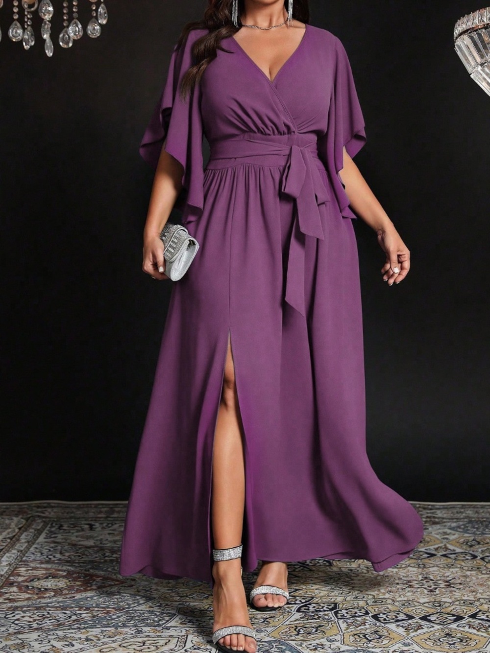  Plus Solid V neck Flounce Sleeve Belted Split Thigh Party Evening Dress - Picture 9 of 15